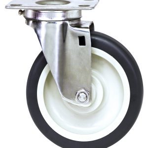 The close-up image shows a Quantum Swivel Polyurethane Stainless Steel Caster, 5 x 1-1/4, featuring a metal bracket for mounting and a black rubber tire with a white rim. It ensures mobility, all set against a plain white background.
