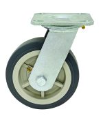 The Quantum Swivel Polyurethane Caster, 6 x 2, features a metallic swivel bracket, gray rubber tire, beige hub, and a top plate with bolt holes for secure attachment to furniture or equipment for mobility.