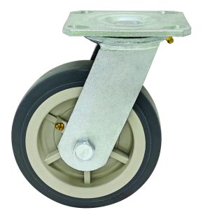 The Quantum Swivel Polyurethane Caster, 6 x 2, features a metallic swivel bracket, gray rubber tire, beige hub, and a top plate with bolt holes for secure attachment to furniture or equipment for mobility.