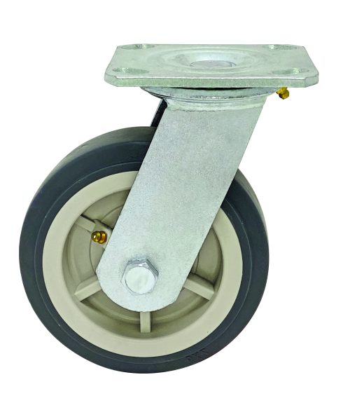 The Quantum Swivel Polyurethane Caster, 6 x 2, features a metallic swivel bracket, gray rubber tire, beige hub, and a top plate with bolt holes for secure attachment to furniture or equipment for mobility.