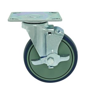 The Quantum Swivel Thermoplastic Resin Caster, 5 x 1-1/4, includes a locking mechanism, a flat mounting plate, and is gray with a brake. It features a durable metal frame, ideal for enhancing furniture or equipment mobility.