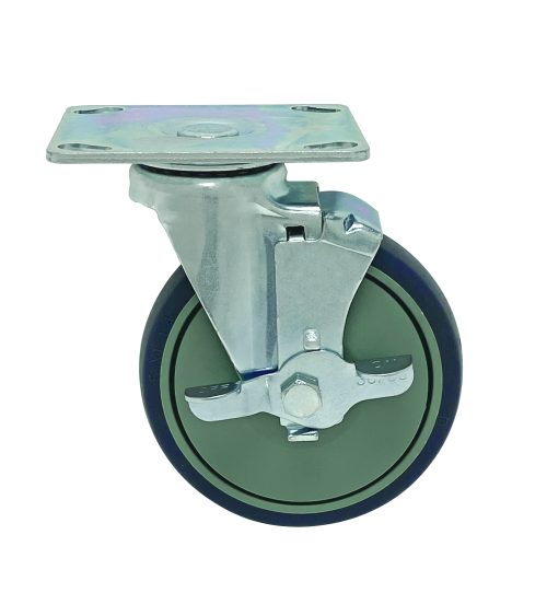 The Quantum Swivel Thermoplastic Resin Caster, 5 x 1-1/4, includes a locking mechanism, a flat mounting plate, and is gray with a brake. It features a durable metal frame, ideal for enhancing furniture or equipment mobility.