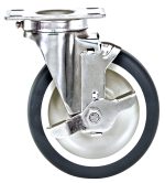 The Quantum Swivel Polyurethane Stainless Steel Caster, measuring 5 x 1-1/4, features a black wheel and locking brake in a shiny silver frame, ideal for furniture or equipment mobility and stability with an industrial design.