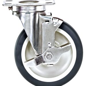 The Quantum Swivel Polyurethane Stainless Steel Caster, measuring 5 x 1-1/4, features a black wheel and locking brake in a shiny silver frame, ideal for furniture or equipment mobility and stability with an industrial design.