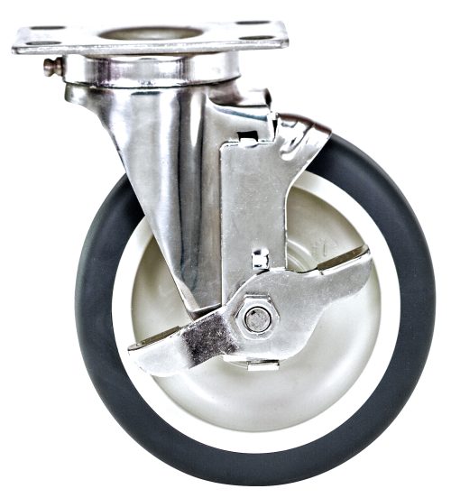 The Quantum Swivel Polyurethane Stainless Steel Caster, measuring 5 x 1-1/4, features a black wheel and locking brake in a shiny silver frame, ideal for furniture or equipment mobility and stability with an industrial design.