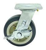 The Quantum Swivel Polyurethane Caster, 6 x 2, features a metal mounting plate, brake mechanism, and provides smooth mobility. Its gray wheel has a durable rubber coating and light gray inner hub, ideal for furniture or equipment enhancement.