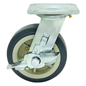 The Quantum Swivel Polyurethane Caster, 6 x 2, features a metal mounting plate, brake mechanism, and provides smooth mobility. Its gray wheel has a durable rubber coating and light gray inner hub, ideal for furniture or equipment enhancement.