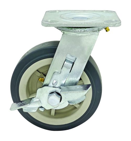 The Quantum Swivel Polyurethane Caster, 6 x 2, features a metal mounting plate, brake mechanism, and provides smooth mobility. Its gray wheel has a durable rubber coating and light gray inner hub, ideal for furniture or equipment enhancement.