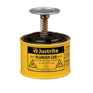 A yellow Justrite plunger can, featuring spill control, has a metal spring-loaded lid for safe dispensing of flammable liquids. The label provides safety information and warning symbols for added secondary containment measures.