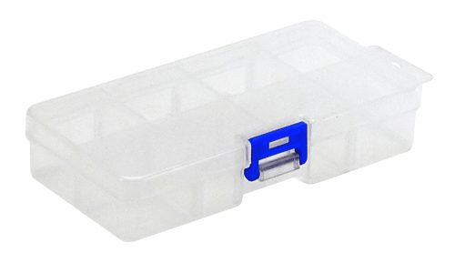 The Quantum Compartment Storage Box measures 5-1/2L x 2-3/4W x 1-1/4H, features a secure blue latch and includes adjustable dividers for customizable storage.