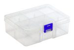 The Quantum Compartment Storage Box measures 6-3/4L x 4-3/4W x 2-1/4H, features a blue latch, and adjustable dividers. Its transparent design allows easy viewing of contents while multiple compartments help organize items against a plain white backdrop.