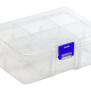 The Quantum Compartment Storage Box measures 6-3/4L x 4-3/4W x 2-1/4H, features a blue latch, and adjustable dividers. Its transparent design allows easy viewing of contents while multiple compartments help organize items against a plain white backdrop.