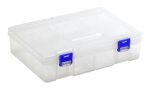 The Quantum Compartment Storage Box is transparent, measures 6-3/4L x 4-3/4W x 2-1/4H, features a rectangular shape with two blue front latches, and includes adjustable dividers for customizable organization.