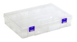 The Quantum Compartment Storage Box measures 6-3/4L x 4-3/4W x 2-1/4H and features blue latches with an empty rectangular design and multiple compartments. It includes adjustable dividers for customizable organization.
