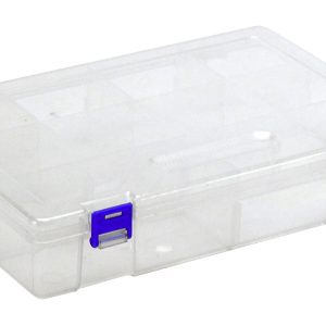 The Quantum Compartment Storage Box measures 6-3/4L x 4-3/4W x 2-1/4H and features blue latches with an empty rectangular design and multiple compartments. It includes adjustable dividers for customizable organization.