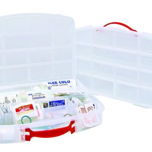 The Quantum Compartment Storage Box is a clear plastic container measuring 5-1/2L x 2-3/4W x 1-1/4H, featuring a red handle and fixed dividers for organized storage of medical supplies like bandages, antiseptic wipes, and an ice pack.