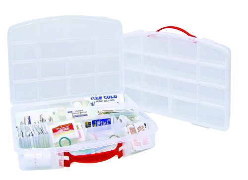 The Quantum Compartment Storage Box is a clear plastic container measuring 5-1/2L x 2-3/4W x 1-1/4H, featuring a red handle and fixed dividers for organized storage of medical supplies like bandages, antiseptic wipes, and an ice pack.
