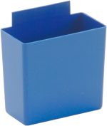 The Quantum Bin Cup, made in the USA, is blue and measures 3-1/4L x 1-3/4W x 3H with an extended top flap.