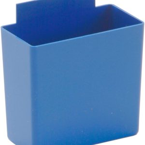 The Quantum Bin Cup, made in the USA, is blue and measures 3-1/4L x 1-3/4W x 3H with an extended top flap.