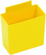 The Quantum Bin Cup is a yellow, open-top, rectangular plastic container (3-1/4L x 1-3/4W x 3H) with smooth sides and a flat back for mounting. Its horizontal edge on the extension is designed for attachment. Made in the USA, it ensures quality and durability.