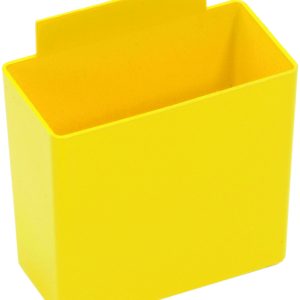 The Quantum Bin Cup is a yellow, open-top, rectangular plastic container (3-1/4L x 1-3/4W x 3H) with smooth sides and a flat back for mounting. Its horizontal edge on the extension is designed for attachment. Made in the USA, it ensures quality and durability.