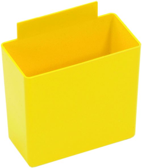 The Quantum Bin Cup is a yellow, open-top, rectangular plastic container (3-1/4L x 1-3/4W x 3H) with smooth sides and a flat back for mounting. Its horizontal edge on the extension is designed for attachment. Made in the USA, it ensures quality and durability.