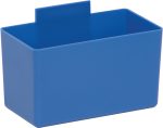 The Quantum Bin Cup is a blue, rectangular plastic container, 5-1/8L x 2-3/4W x 3H, with smooth sides and a flat back extension for hanging. Made in the USA, it features an open top and simple design for efficient space organization.