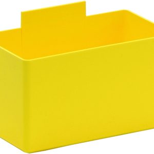 The Quantum Bin Cup is a bright yellow rectangular container with dimensions of 5-1/8L x 2-3/4W x 3H, featuring smooth edges and an extended flat tab on the back. Made in the USA.