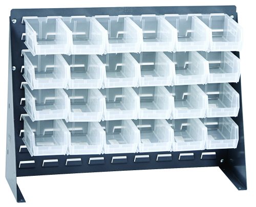 The Quantum Bench Rack features a sturdy 16-gauge steel louvered frame with a gray enamel finish, measuring 27-3/4L x 8W x 21H. It includes 24 clear bins sized at 5-3/8L x 4-1/8W x 3H, perfect for organized storage solutions. Ideal for wall-mounted or freestanding use.