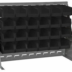 The Quantum Bench Rack is a freestanding unit made from 16 gauge steel louvered panels, measuring 27-3/4L x 8W x 21H. It includes 24 black bins (5-3/8L x 4-1/8W x 3H) and features a gray enamel finish, ideal for efficient small item storage and organization.
