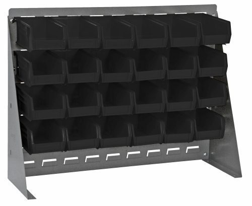 The Quantum Bench Rack is a freestanding unit made from 16 gauge steel louvered panels, measuring 27-3/4L x 8W x 21H. It includes 24 black bins (5-3/8L x 4-1/8W x 3H) and features a gray enamel finish, ideal for efficient small item storage and organization.