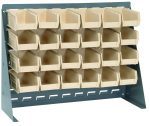 The Quantum Bench Rack, a freestanding 16-gauge steel model with a gray enamel finish, measures 27-3/4L x 8W x 21H and holds five rows of open-front storage featuring (24) ivory bins sized at 5-3/8L x 4-1/8W x 3H, ideal for organizing small items.