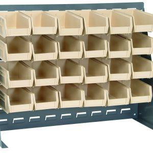 The Quantum Bench Rack, a freestanding 16-gauge steel model with a gray enamel finish, measures 27-3/4L x 8W x 21H and holds five rows of open-front storage featuring (24) ivory bins sized at 5-3/8L x 4-1/8W x 3H, ideal for organizing small items.