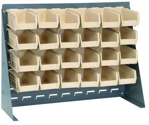 The Quantum Bench Rack, a freestanding 16-gauge steel model with a gray enamel finish, measures 27-3/4L x 8W x 21H and holds five rows of open-front storage featuring (24) ivory bins sized at 5-3/8L x 4-1/8W x 3H, ideal for organizing small items.