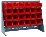 The Quantum Bench Rack, a 16 gauge steel louvered model, measures 27-3/4L x 8W x 21H and includes 24 red bins (5-3/8L x 4-1/8W x 3H). With four rows and six columns, its ideal for organizing small items. It features angled supports on each side and a gray enamel finish.
