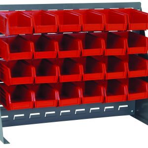 The Quantum Bench Rack, a 16 gauge steel louvered model, measures 27-3/4L x 8W x 21H and includes 24 red bins (5-3/8L x 4-1/8W x 3H). With four rows and six columns, its ideal for organizing small items. It features angled supports on each side and a gray enamel finish.