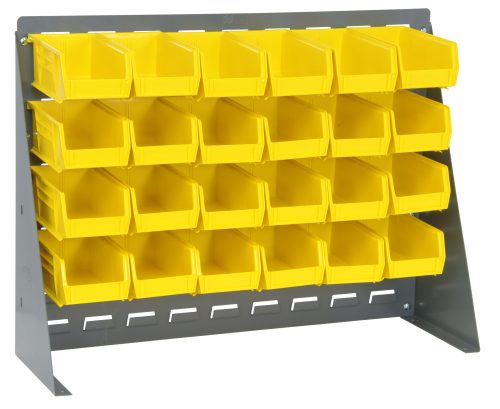 The Quantum Bench Rack, measuring 27-3/4L x 8W x 21H, is a free-standing unit with angled sides for stability. It features a gray enamel finish and includes three rows of eight bright yellow bins each, totaling 24. Constructed from sturdy 16 gauge steel louvered design.