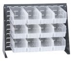 The Quantum Bench Rack features a 16-gauge steel louvered design with a gray enamel finish. It includes twelve clear bins, each measuring 10-7/8L x 5-1/2W x 5H, all organized for accessibility on its sturdy backplate. Dimensions: 27-3/4L x 8W x 21H.