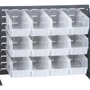 The Quantum Bench Rack features a 16-gauge steel louvered design with a gray enamel finish. It includes twelve clear bins, each measuring 10-7/8L x 5-1/2W x 5H, all organized for accessibility on its sturdy backplate. Dimensions: 27-3/4L x 8W x 21H.