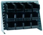 The Quantum Bench Rack, measuring 27-3/4L x 8W x 21H, features a gray enamel louvered design made from 16-gauge steel. It includes twelve black bins, each sized at 10-7/8L x 5-1/2W x 5H and open at the top for organizing small items in three rows of four.