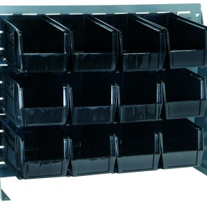 The Quantum Bench Rack, measuring 27-3/4L x 8W x 21H, features a gray enamel louvered design made from 16-gauge steel. It includes twelve black bins, each sized at 10-7/8L x 5-1/2W x 5H and open at the top for organizing small items in three rows of four.