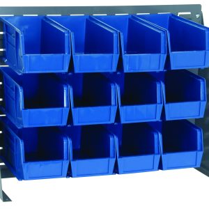 The Quantum Bench Rack, made from 16-gauge steel and measuring 27-3/4L x 8W x 21H, includes twelve blue bins (10-7/8L x 5-1/2W x 5H). This louvered model has a gray enamel finish and features an angled design for stability.