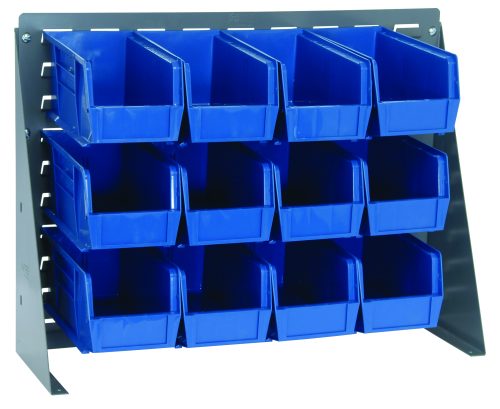 The Quantum Bench Rack, made from 16-gauge steel and measuring 27-3/4L x 8W x 21H, includes twelve blue bins (10-7/8L x 5-1/2W x 5H). This louvered model has a gray enamel finish and features an angled design for stability.