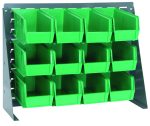 The Quantum Bench Rack is a 16 gauge steel louvered model measuring 27-3/4L x 8W x 21H, featuring a gray enamel finish and includes twelve green bins (10-7/8L x 5-1/2W x 5H). Its ideal for organized storage of small parts or tools.