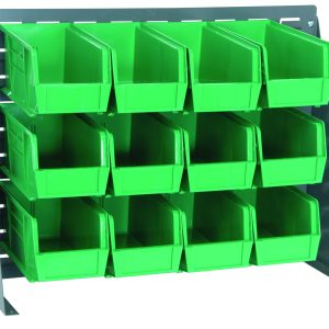 The Quantum Bench Rack is a 16 gauge steel louvered model measuring 27-3/4L x 8W x 21H, featuring a gray enamel finish and includes twelve green bins (10-7/8L x 5-1/2W x 5H). Its ideal for organized storage of small parts or tools.