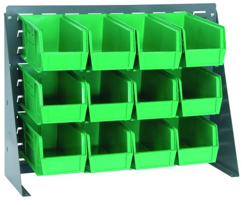 The Quantum Bench Rack is a 16 gauge steel louvered model measuring 27-3/4L x 8W x 21H, featuring a gray enamel finish and includes twelve green bins (10-7/8L x 5-1/2W x 5H). Its ideal for organized storage of small parts or tools.