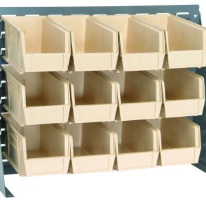 The Quantum Bench Rack features a gray enamel 16-gauge steel louvered model, measuring 27-3/4L x 8W x 21H, with (12) ivory bins each sized at 10-7/8L x 5-1/2W x 5H, arranged in three rows and four columns for easy access.