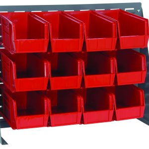 The Quantum Bench Rack, measuring 27-3/4L x 8W x 21H, is a sleek storage solution made from 16 gauge steel with a louvered design. It includes twelve red bins (10-7/8L x 5-1/2W x 5H) and features a gray enamel finish, perfect for efficiently organizing small items.