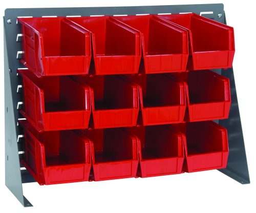 QBR-2721-230-12_RD.jpg The Quantum Bench Rack, measuring 27-3/4L x 8W x 21H, is a sleek storage solution made from 16 gauge steel with a louvered design. It includes twelve red bins (10-7/8L x 5-1/2W x 5H) and features a gray enamel finish, perfect for efficiently organizing small items.