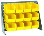 The Quantum Bench Rack is a 16 gauge steel louvered model with a gray enamel finish, measuring 27-3/4L x 8W x 21H. It includes twelve bright yellow bins, each 10-7/8L x 5-1/2W x 5H, open-topped for easy organization or storage of small items.